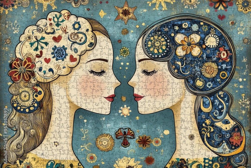 Poster ornate puzzle faces in profile representing cognitive complexity intellectual ornamentation and the 
