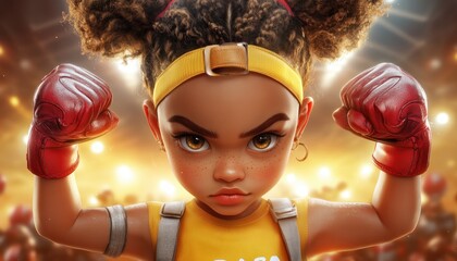 Strong Girl Boxer Character Illustration with Determined Expression and Soft Colors, Embodying Strength, Resilience, and Confidence