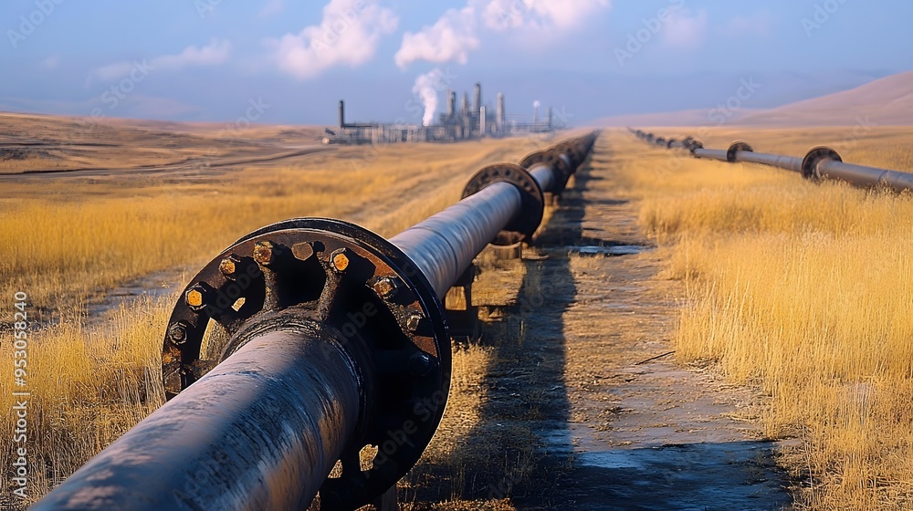 Poster a long pipe with a rusted pipe fitting on it. the pipe is surrounded by a field of yellow grass