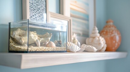 Wall shelf with a combination of glass jars, vases, and books, creating a simple yet elegant touch in a dining room.