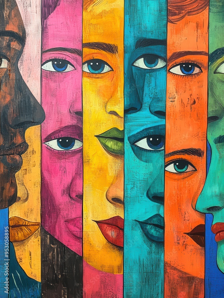 Poster a striking mural showcases diverse faces separated by a colorful barrier, highlighting themes of div