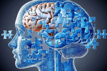 Blue Brain Puzzle Silhouette Symbolizing Cognitive Complexity Intellectual Interaction and the Fragmentation of Thought in Human Consciousness