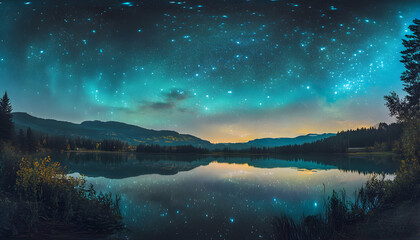 A starry night sky reflected in a calm lake, with mountains and trees silhouetted against the horizon.