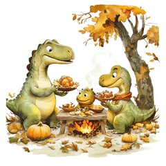 A dinosaur family enjoying a Thanksgiving picnic clipart, outdoor setting, friendly and cute, digital painting, isolated on white background