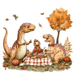 A dinosaur family enjoying a Thanksgiving picnic clipart, outdoor setting, friendly and cute, digital painting, isolated on white background