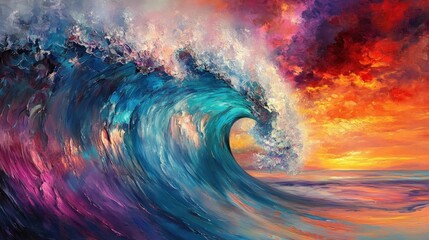 A vibrant, swirling ocean wave against a dramatic sunset sky, showcasing nature's beauty.