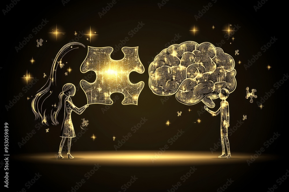 Poster illuminated brain silhouettes with puzzle cutout symbolizing cognitive bonding intellectual interact