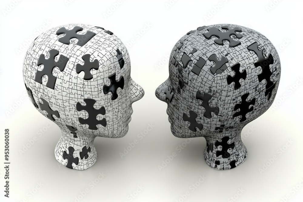 Poster minimalist heads with puzzle brain design symbolizing cognitive symmetry intellectual simplicity and