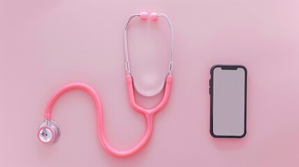 Pink Stethoscope and Smartphone on Pink Background..