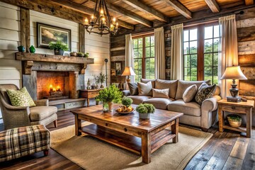 Fototapeta premium Rustic country farmhouse decorating style furniture roughhewn reclaimed wood comfortable cozy rustic charm distressed