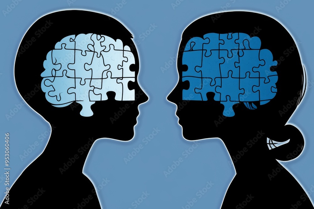 Poster silhouettes with blue puzzle brains representing cognitive connection intellectual interaction and t