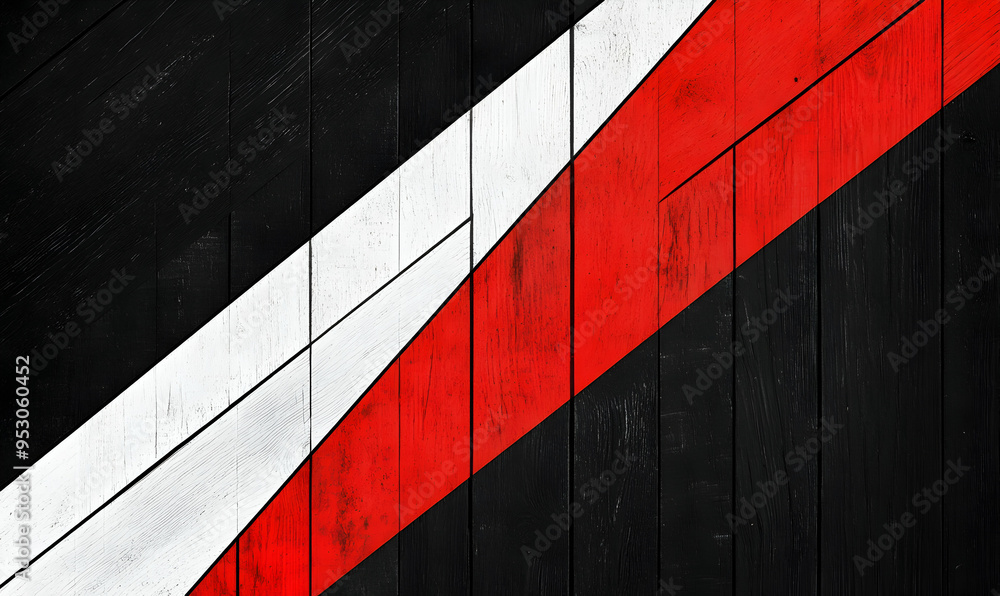 Wall mural abstract geometric background with red, white, and black painted wooden planks.