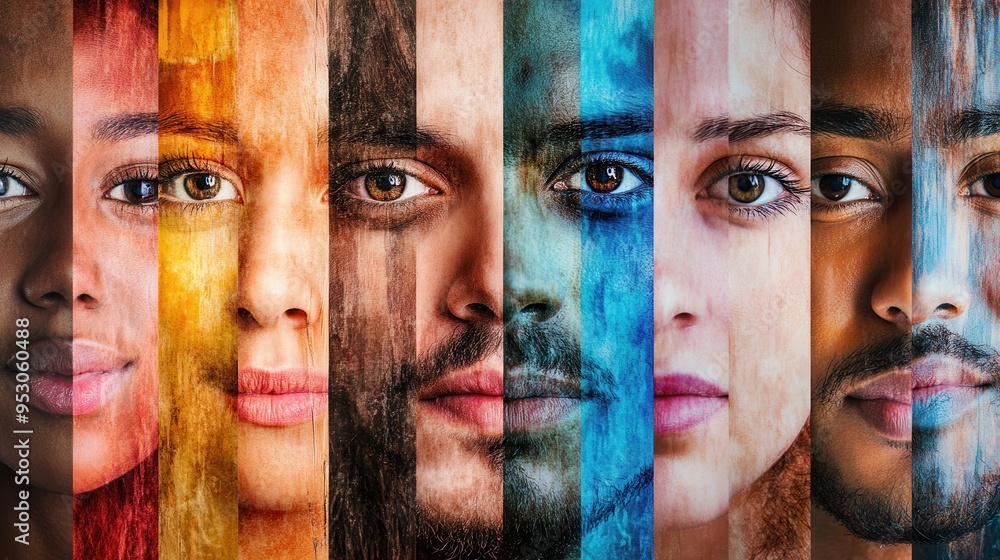 Poster bright contrasting faces portray a powerful message of diversity, emphasizing differences and the ba