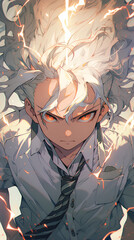 a white haired boy, standing straight in a black school uniform. anime style, cinematc vertical background