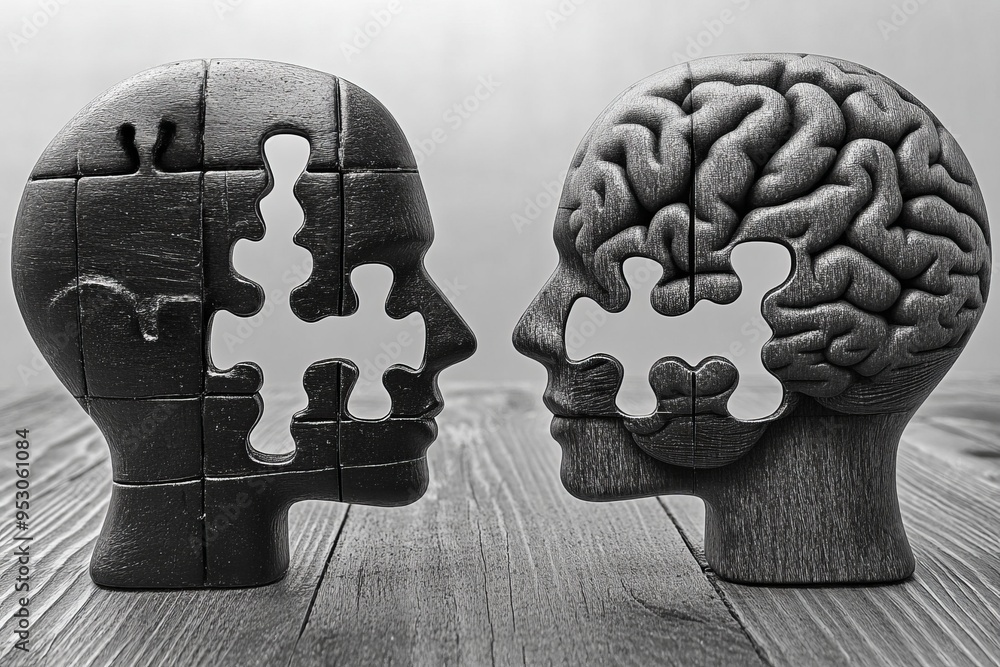 Aufkleber monochrome puzzle brain sculptures symbolizing cognitive disconnection intellectual fragmentation an