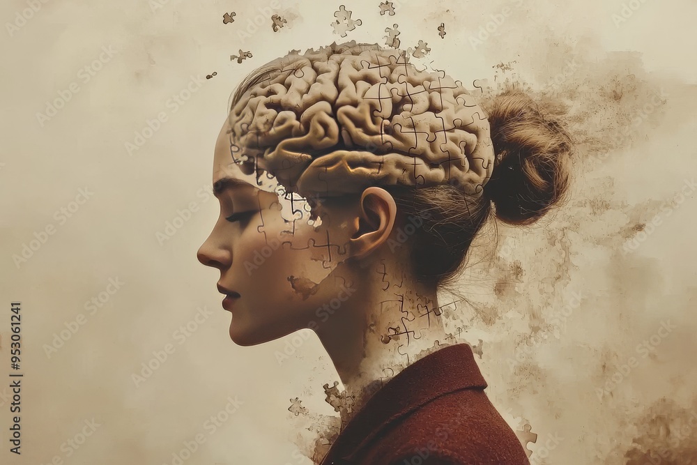 Poster vintage female profile with brain representing cognitive reflection intellectual memory and the time