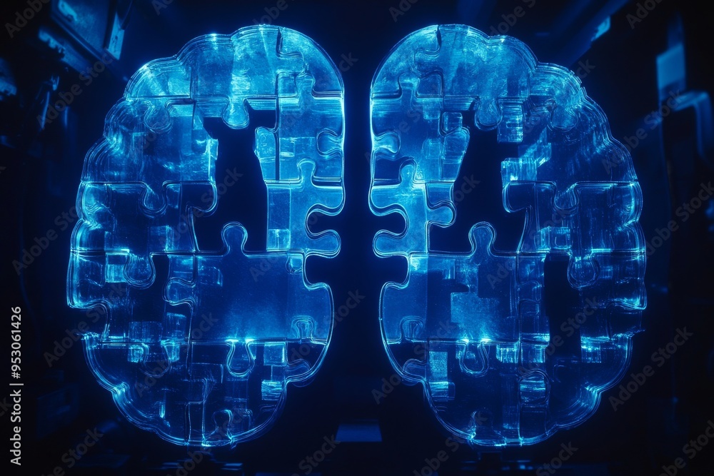 Poster digital brain interface with blue puzzle representing cognitive connectivity intellectual interactio