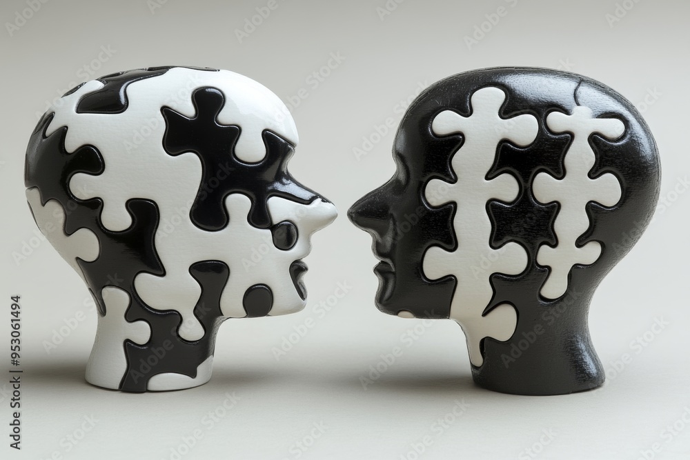Poster black and white puzzle head sculptures symbolizing cognitive fragmentation intellectual contrast and