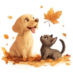 A dog and cat playing in fall leaves for Thanksgiving clipart, playful and cute, warm tones, digital illustration, isolated on white background