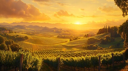 Fototapeta premium Sunset paints the Tuscan vineyards gold, rolling hills stretching beneath a glowing sky.