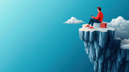 A man sitting on the edge of a cliff with a laptop, symbolizing remote work, freedom, and digital nomad lifestyle.