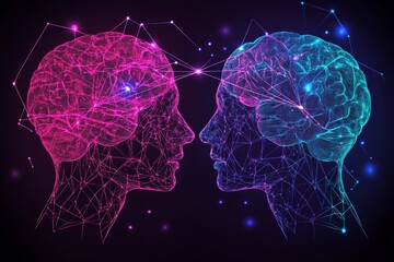 Neon Brain Silhouettes Representing Cognitive Connectivity Intellectual Symmetry and the Dynamic Nature of Human Thought