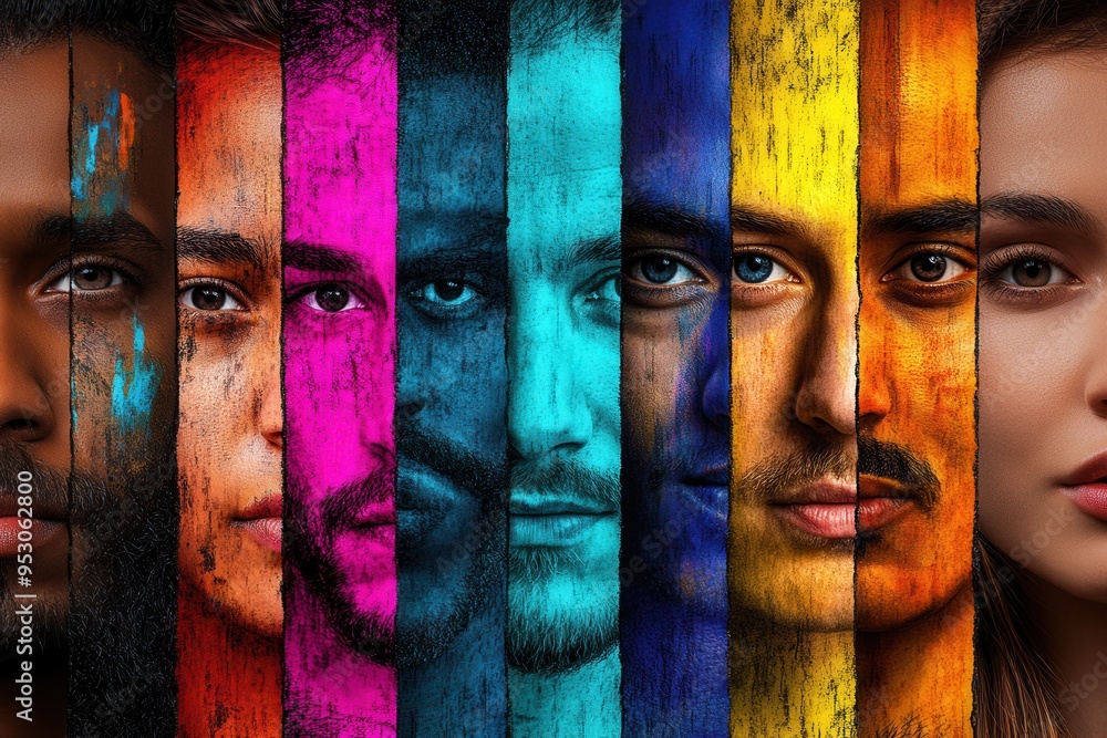 Fototapete Faces of diverse individuals separated by a colorful barrier, symbolizing division while celebrating unique identities and differences. Generative AI