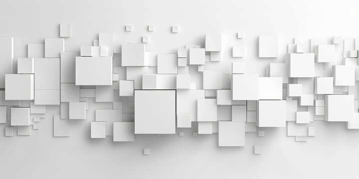 Fototapeta 3D abstract geometric cubes on a white background. Abstract artwork of 3D rendering artwork of cube or geometric shapes popping out from wall. Digital artwork for architectural design. AIG51.