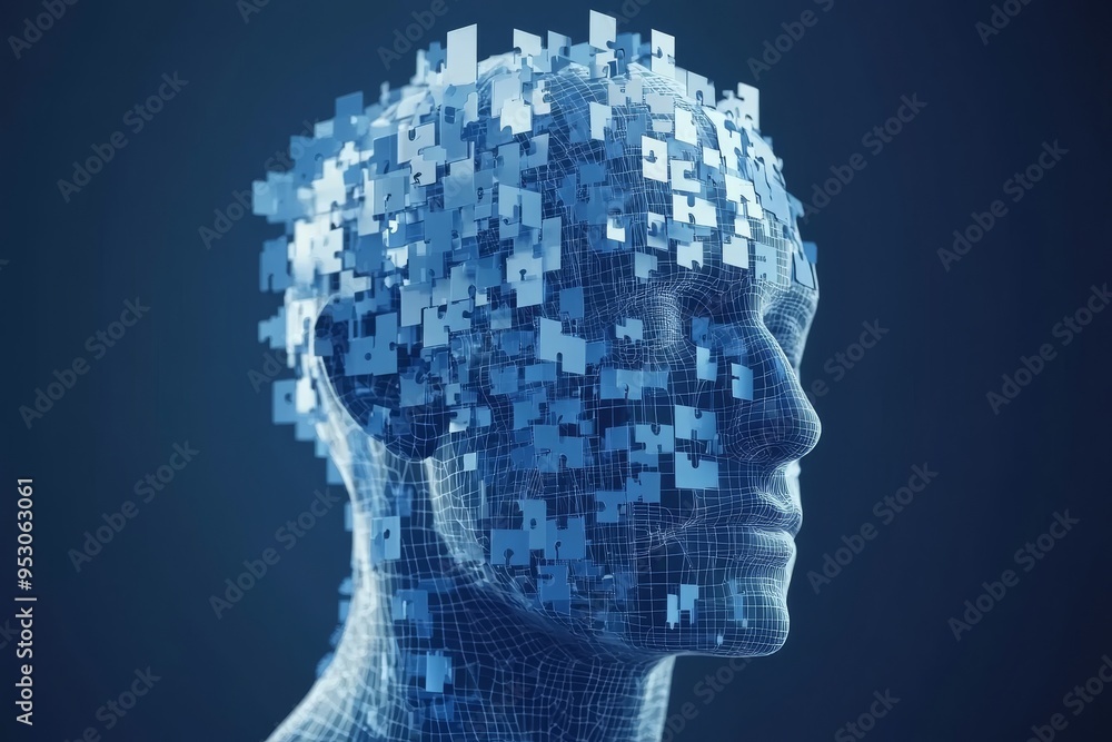 Poster digital brain with puzzle pieces representing cognitive fragmentation intellectual complexity and th