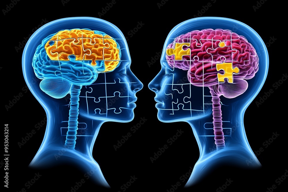 Poster blue brain silhouettes with glowing patterns representing cognitive connectivity intellectual symmet