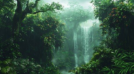 A lush rainforest waterfall shrouded in fog cascades into a serene pool below.