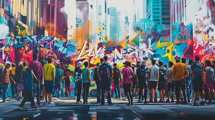 Colorful graffiti mural in a bustling city with a diverse crowd vibrant colors and bold 3D-rendered graffiti elements creating an edgy atmosphere