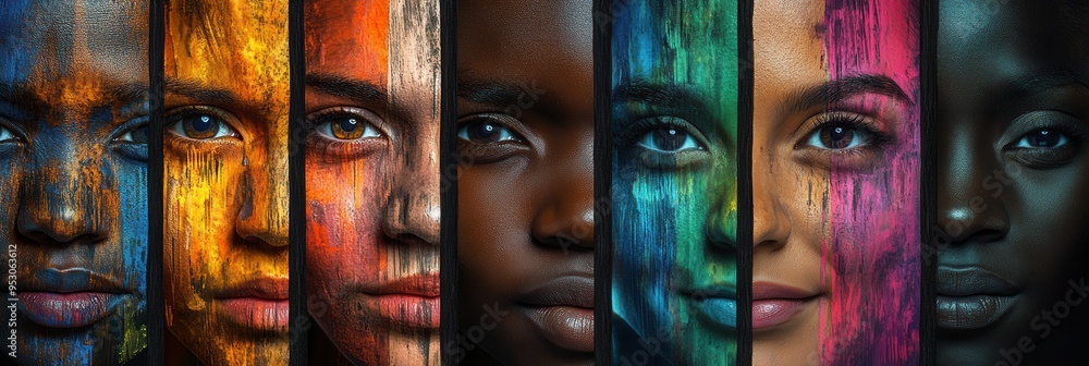 Fototapete diverse individuals display their unique features and expressions, separated by a line, highlighting