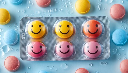 Blister pack with colorful pills shaped like smiling emojis on a light blue background