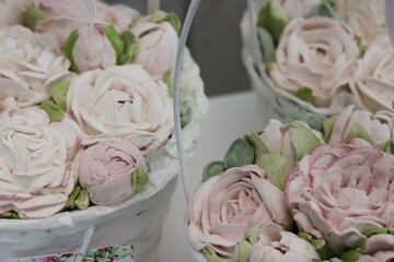 Marshmallows in a baskets. Marshmallow flowers. Homemade marshmallows. Close up.