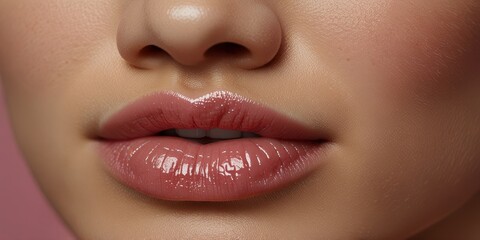 Obraz premium Close-up of beautiful young woman’s sexy pink lips with glossy pink lip gloss. Beauty, cosmetic, and makeup concept
