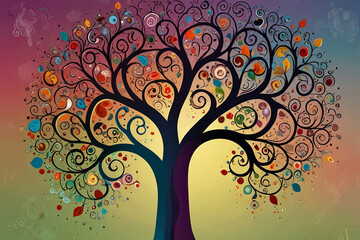 Obraz premium Colorful Tree with Swirling Branches and Intricate Roots Vibrant and Whimsical Design for Nature Themed Backgrounds and Artistic Concepts