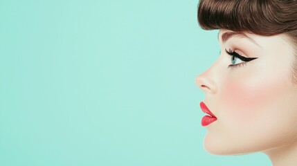 Obraz premium Woman with Red Lips Profile Portrait on Blue Background