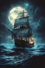 Fototapeta premium Ghostly pirate ship sailing under a full moon, surrounded by rough, dark ocean waves