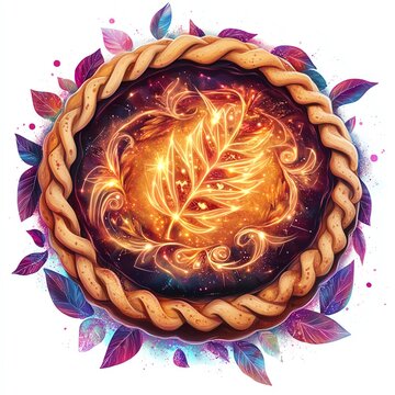 recommend clip art: A Thanksgiving pie with a magical aura clipart, glowing runes and symbols, fantasy colors, digital painting, isolated on white background