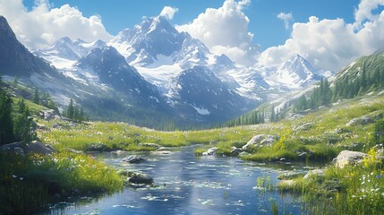 Fototapeta premium A mountain stream winds through a meadow of wildflowers, with snowy peaks towering above.
