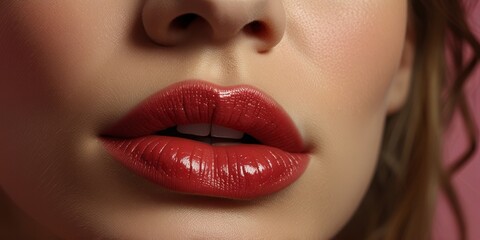 Fototapeta premium Close-up of beautiful young woman’s sexy Red lips with glossy pink lip gloss. Beauty, cosmetic, and makeup concept
