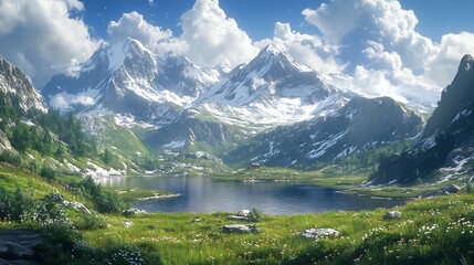 Fototapeta premium A cozy cabin rests by a mountain lake, surrounded by blooming flowers and serene waters.