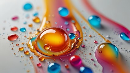 Colorful liquid droplets on a white background