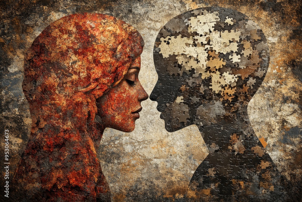 Poster vintage couple with puzzle brain profiles representing cognitive fragmentation intellectual loss and