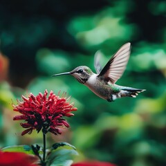 Obraz premium Hummingbird in Flight Feeding on Red Flower Green Background