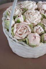 Marshmallows in a basket. Marshmallow flowers. Homemade marshmallows. Close up.