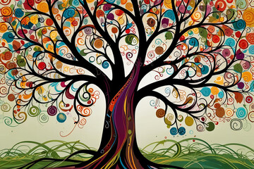 Colorful Tree with Swirling Branches and Intricate Roots Vibrant and Whimsical Design for Nature Themed Backgrounds and Artistic Concepts