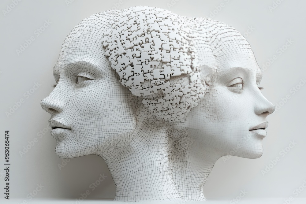 Poster dual silhouettes with fragmented brain patterns symbolizing cognitive duality intellectual reflectio