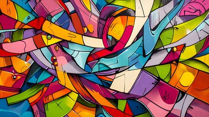 Vibrant street art mural with graffiti in a city setting diverse crowd and bright colors strong lines and bold 3D graffiti creating a dynamic atmosphere